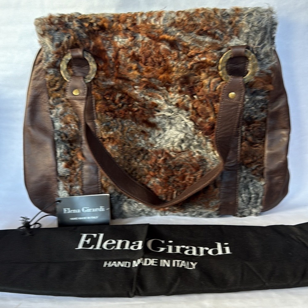 ELENA GIRARDI HAND MADE in Italy Brown and Gray Fur Tote Bag. With Dustcover.